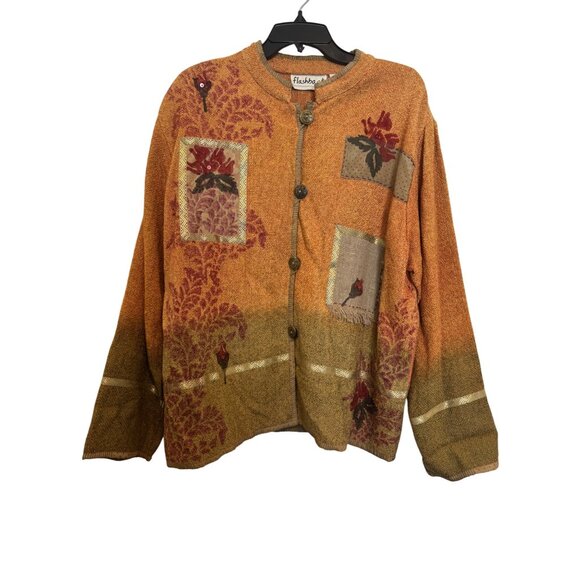 Vintage Flashback Cardigan Sweater Women’s L Floral Patchwork Button-Down Orange - Picture 1 of 5